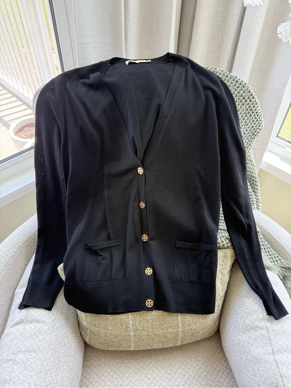 Tory Burch Black V-Neck Button Cardigan with Gold Buttons